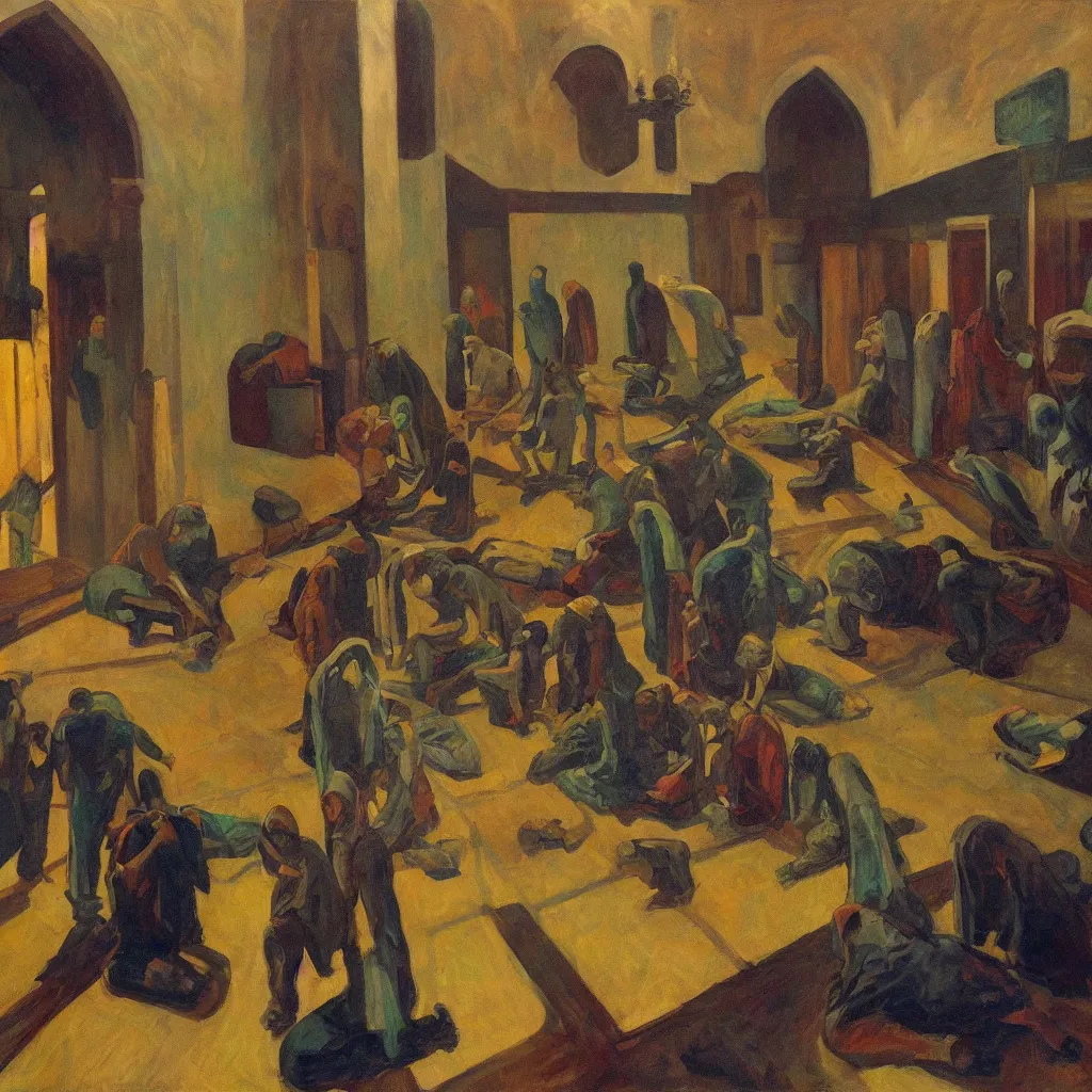 Image similar to apocalyptic scene,prayer,occult,refugees,mosque synagogue interior,gas masks,geometric art,patina,edward hopper