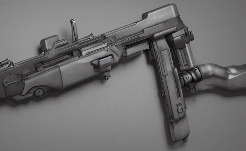 Image similar to minimalist submachine gun inspired by Tesla, studio lighting, octane render, photorealistic, highly detailed, trending on artstation, weapon concept art, weaponry concept designs
