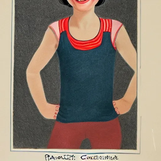 Prompt: a 1 9 2 8 color drawing portrait. calm, happy, healthy, smiling, sporty, young parisienne la couture in athletic wear with beautiful smile and healthy teeth. realistic, high quality.