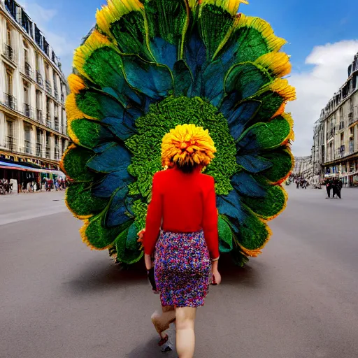 Image similar to giant flower head, woman walking in paris, surreal photography, symmetry, flat space, fanciful, bright colours, detailed, wes anderson