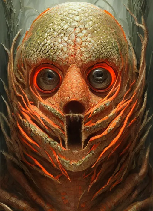 Prompt: carrot mf doom reptile eyes, carrot skin. intricate, elegant roots, highly detailed, centered, digital painting, artstation, concept art, smooth, sharp focus, illustration, artgerm, tomasz alen kopera, peter mohrbacher, donato giancola, joseph christian leyendecker, wlop, frank frazetta