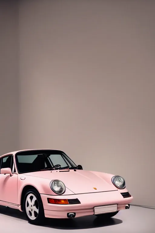 Image similar to Portrait of a light pink Porsche 911 Carrera 3.2, spotlight, in a dark room, photoshoot for vogue magazine.