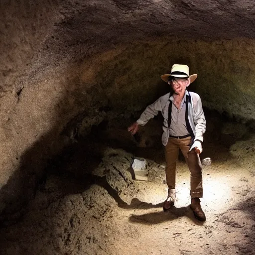 Image similar to lizard indiana jones exploring an underground crypt