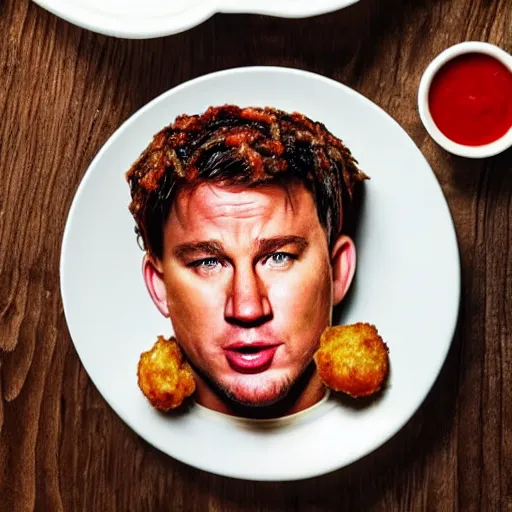 Image similar to food photo of channing tatum's face as tater tot on a plate with ketchup