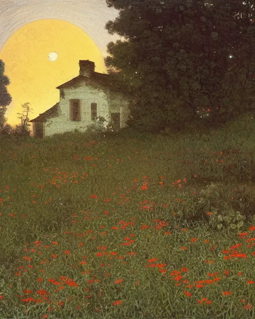 Prompt: a brick house at sunrise, dawn, 1 9 7 0 s, seventies, delicate embellishments, a little blood, woodland, moonlight shining on wildflowers, painterly, offset printing technique, by alexandre cabanel