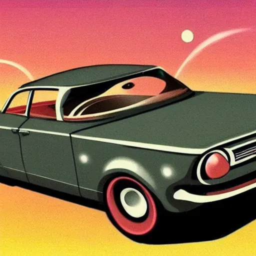 Image similar to 1960s car on a road in space driving towards a planet, trending on art station