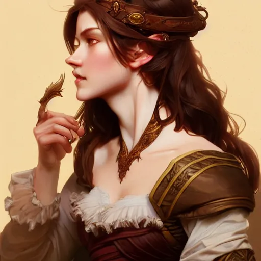 Image similar to aristocrat, female, d & d, fantasy, intricate, elegant, highly detailed, brown hair, digital painting, artstation, octane render, concept art, matte, sharp focus, illustration, hearthstone, art by artgerm, alphonse mucha johannes voss