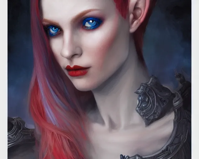 Image similar to A detailed matte oil on canvas head on symmetrical portrait of a distinguished elven woman with red and blue hair on an empty background, by Charlie bowater, Lise Deharme, Wlop, trending on artstationhd, dungeons and dragons art, parted hair , half blue, half red , split dye, critical role