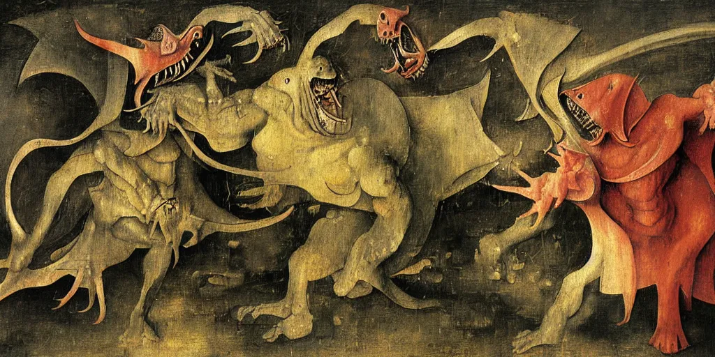 Prompt: a tarrasque fighting a powerful wizard as drawn by hieronymus bosch, oil painting, highly detailed