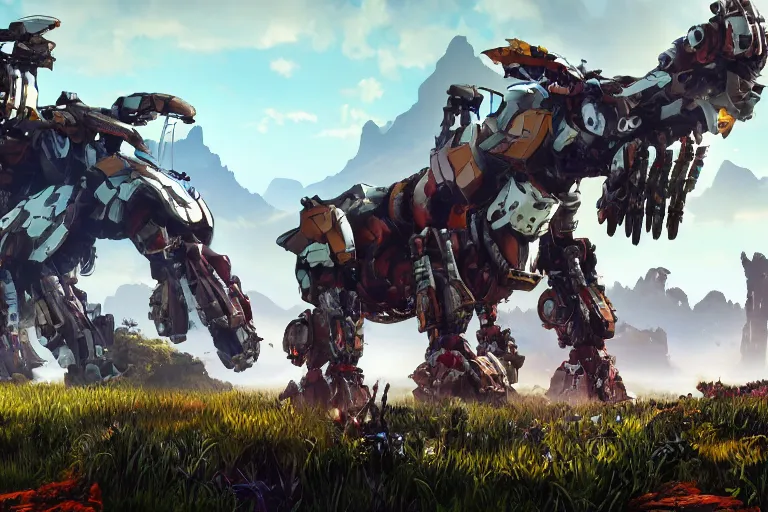 Image similar to grazer machine mecha animal beast robot of horizon forbidden west horizon zero dawn bioluminiscence global illumination ray tracing hdr fanart arstation by sung choi and eric pfeiffer and gabriel garza and casper konefal