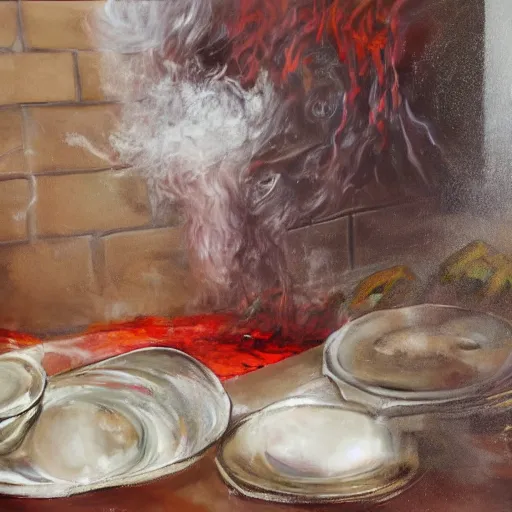 Image similar to oil painting still of kitchen sink full of dirty dishes with red smoke coming out, angry man, high detail