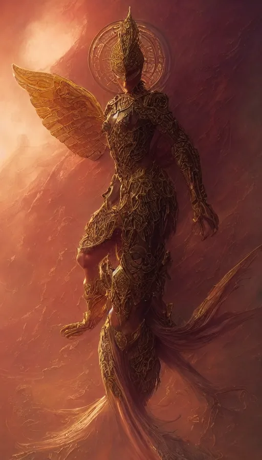 Image similar to ascending dark full body redhead goddess angel, madison beer, intricate armor, highly detailed, glowing, action pose, cinematic, art deco, gold filigree, ethereal, alfonso mucha, zdzisław beksinski, andrei ryabovichev, shaun tan, chriss foss, peter mohrbacher, 4 k