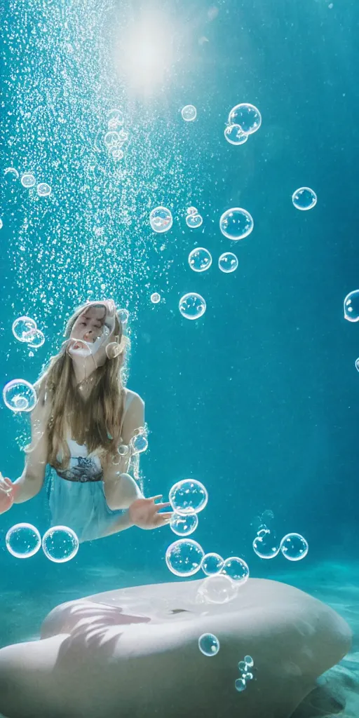 Image similar to a photo of a beautiful young woman floating underwater with bubbles all around