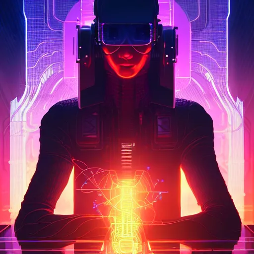 Image similar to a cyberpunk netrunner using a glowing interface, centered in the frame, cyberpunk concept art by Jean Giraud and josan gonzales, digital art, highly detailed, intricate, sci-fi, sharp focus, Trending on Artstation HQ, deviantart, 4K UHD image