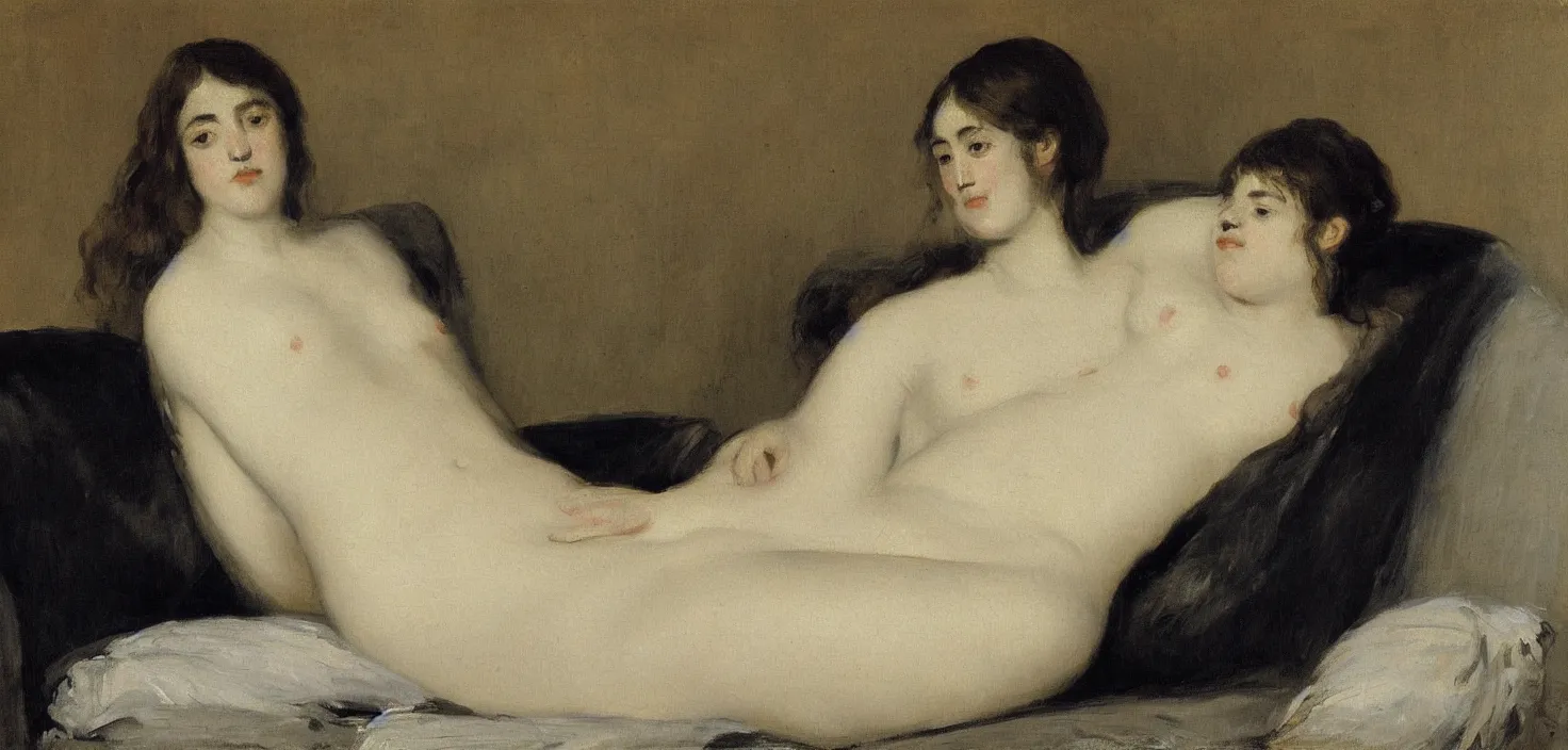 Image similar to an intimate painting of a young french woman on a chaise lounge by gustave courbet & francisco goya, oil painting, intimate, beautiful, calm serene, soft edges