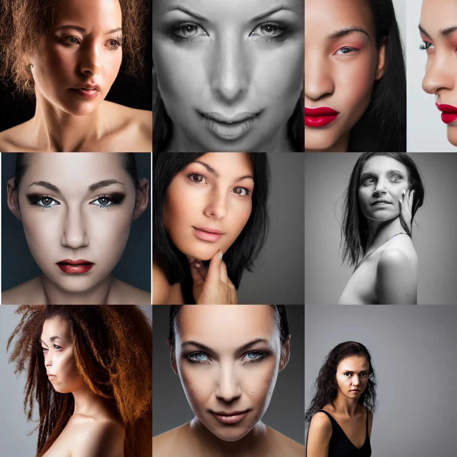 Prompt: woman, face, studio photography, split lighting