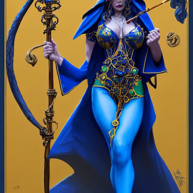 Image similar to beautiful elemental electric witch with ornate blue andyellow robes and staff, highly detailed, 4 k, hdr, smooth, sharp focus, high resolution, award - winning photo, artgerm, photorealistic