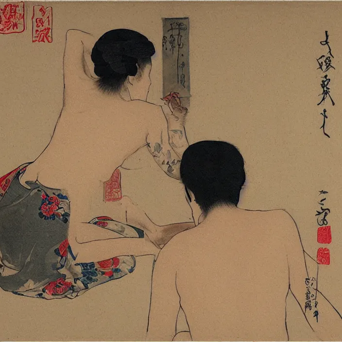 Image similar to man making a tattoo on the back of a woman. painting by hashiguchi goyo