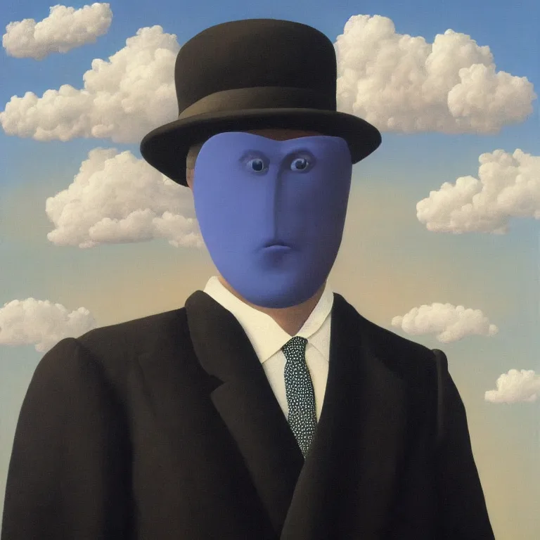 Image similar to portrait of a man made out of clouds in a suit, by rene magritte, detailed painting, hd, hq, high resolution, high detail, 4 k, 8 k