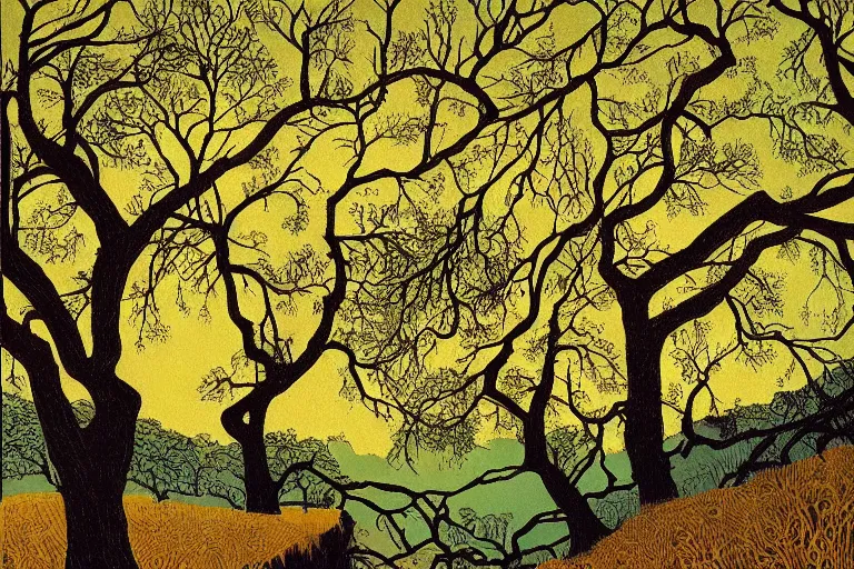 Image similar to masterpiece painting of oak trees on a hillside overlooking a creek, dramatic lighting, by victo ngai