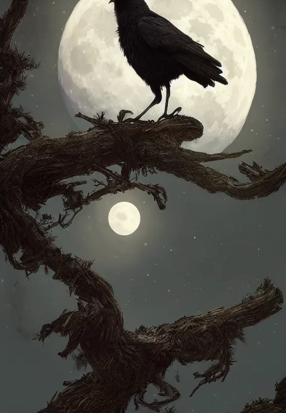 Image similar to crow on tree in front of the full big moon, highly detailed, digital painting, artstation, concept art, smooth, sharp focus, illustration, Unreal Engine 5, 8K, art by artgerm and greg rutkowski and alphonse mucha