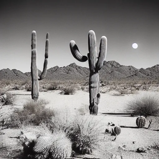 Prompt: desert with saguaro cactus moon, black and white, dark, gritty high contrast, pinhole camera - n 4