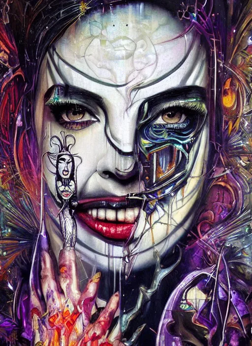 Image similar to gorgeous magic cult psychic woman smiling, third eye, energetic consciousness psychedelic, epic surrealism expressionism symbolism, story telling, iconic, dark robed, oil painting, symmetrical face, dark myth mythos, by Sandra Chevrier , H R Giger, masterpiece