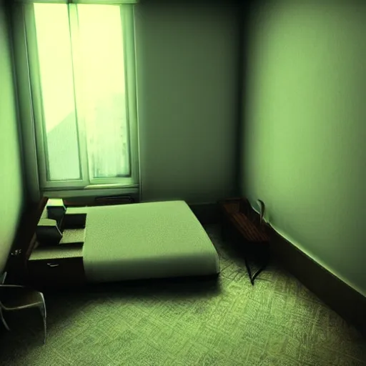 Prompt: hotel room, musty, ambient lighting, light shafts from window blinds, sun ray, dusty, moody, atmospheric, beautiful, abandoned room, motel room, artstation award, detailed