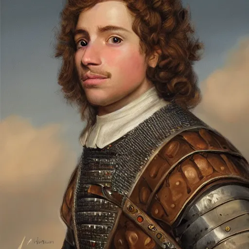 Image similar to portrait of a young squire, painting by michael wellen, john stephens, in a medieval city, tone mapping, airbrushed clouds, trending on artstation