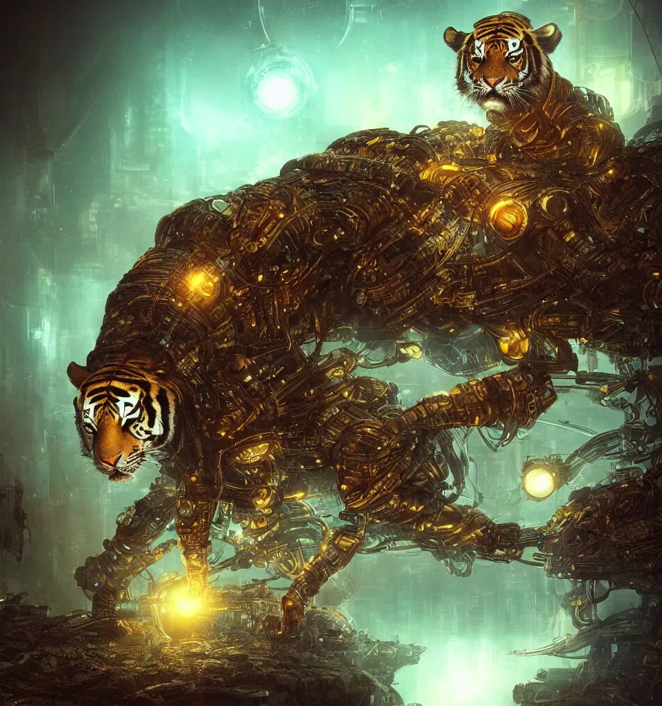 Image similar to small cybernetic tiger, cinematic, highly detailed, octane render, cg, rich cinematic atmosphere, perfect digital art, mystical journey in strange world, Mystical, cyberpunk, sci-fi, surreal, glowing lights, sharp focus, high detailed, by Akihiko Yoshida, michael whelan and Karol Bak