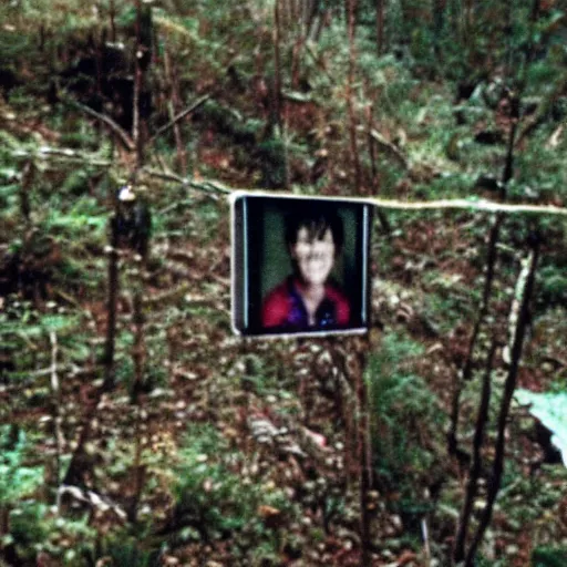 Image similar to A screen capture of found footage video left behind by a missing hiker in 1986.