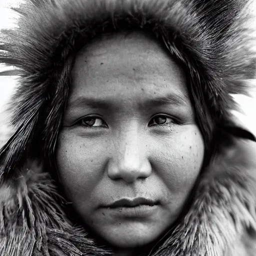 Prompt: a young cheyenne tribal woman wearing bison fur coat in a wyoming snot storm, close up, portrait