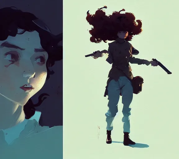 Image similar to portrait woman with short ginger curly hair on the duel with a men, by atey ghailan, by greg rutkowski, by greg tocchini, by james gilleard, by joe fenton, by kaethe butcher, by ashley wood, dynamic lighting, gradient light blue, brown, blonde cream and white color scheme, grunge aesthetic