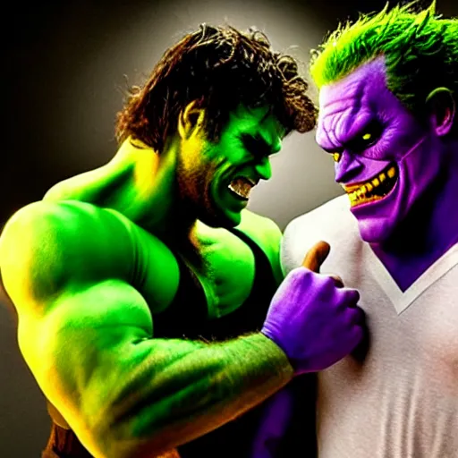 Prompt: green hulk fighting the joker. live action