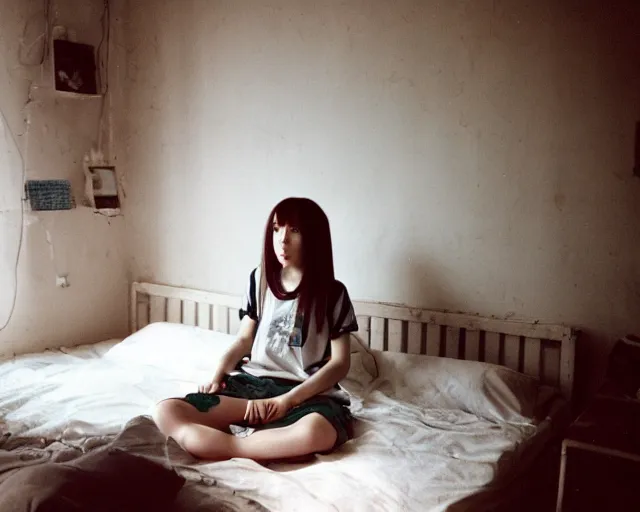 Image similar to a film still of lone anime girl in white tshirt is sitting on poor bed in pale colors room in dark russian flat, perfect faces, fine details, anime, cinestill