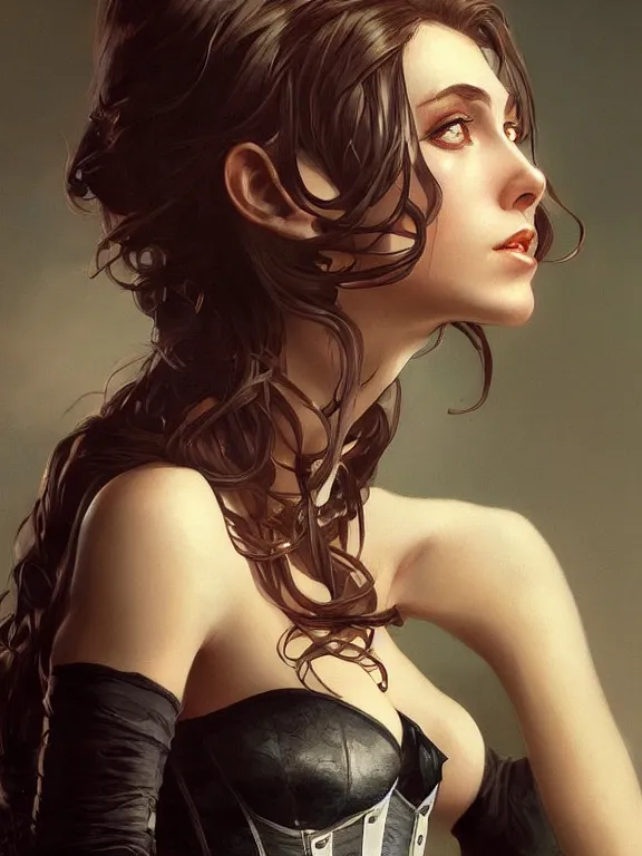 Prompt: hyperrealistic portrait of a woman among noir lanterns wearing a corset, fantasy art, photo realistic, dynamic lighting, artstation, volumetric lighting, very detailed face, 4 k, award winning, art by artgerm and greg rutkowski and alphonse mucha