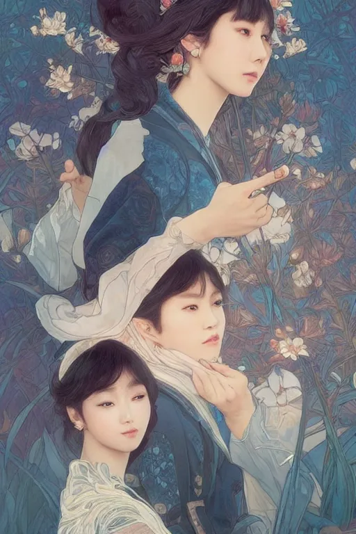 Image similar to beautiful cottagecore BTS k-pop band, phone wallpaper. intricate, elegant. the background is babylue !. highly detailed, digital painting, artstation, concept art, smooth, sharp, focus, illustration. . art by artgerm and greg rutkowski and alphonse mucha