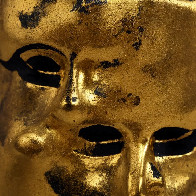 Image similar to gold ornate traditional Japanese mask, kintsugi,