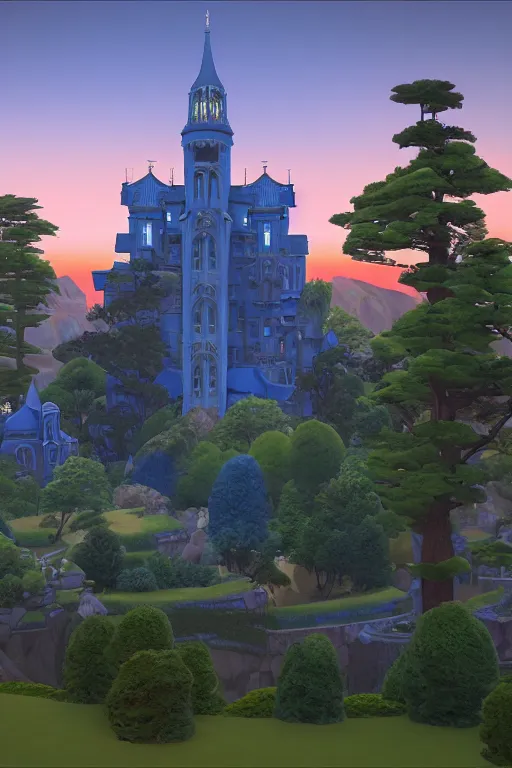 Image similar to view of the mysterious blue tower in its gardens after a storm, tall windows lit up, beautiful ornamental architecture, dramatic cinematic lighting, rich colors, by Nicholas Roerich and William Dyce and April Gornik and Sylvain Sarrailh, unreal engine