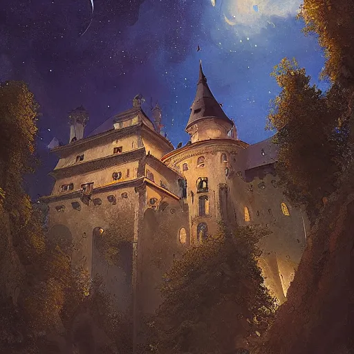 Prompt: a renaissance castle in a forest with a glowing night sky, upward angle, by krenz cushart