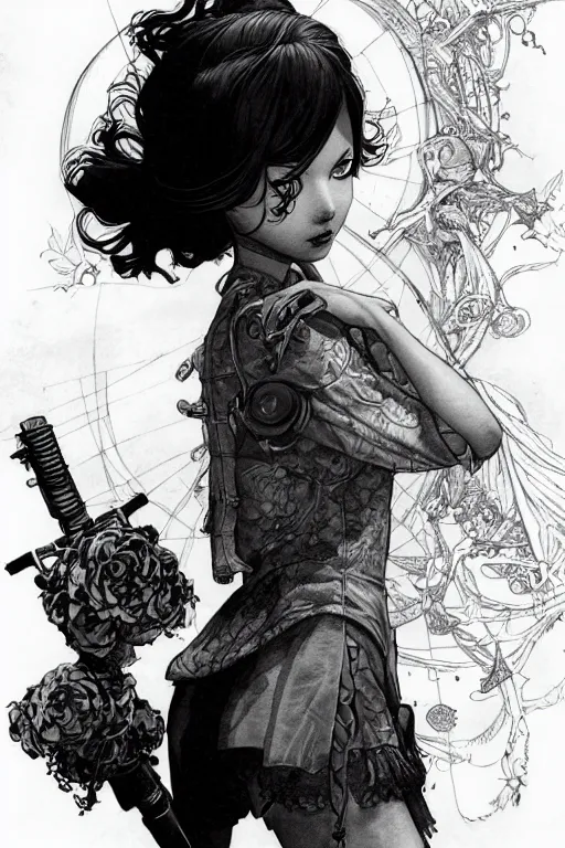 Prompt: beautiful ink sketch, a fantasy young girl in atompunk, detailed background by the edge chronicles by chris riddell, by ilya kuvshinov, wlop, krenz kushart, boris vallejo, ayami kojima and ayami kojima