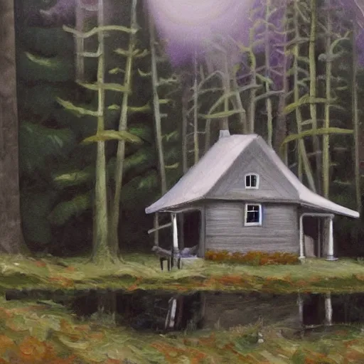 Image similar to a painting of a Eerie cabin in the middle of the woods in the style of 19th century Hudsons bay river school of art