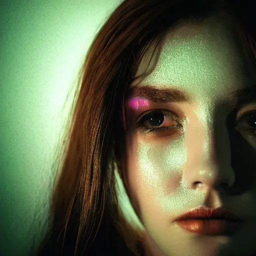 Prompt: photo of beautiful young woman, medium close up, with a cyberpunk camera lens placed over right eye, and robotic implants over face with linear led lights, white background, fine art photography in the style of Bill Henson