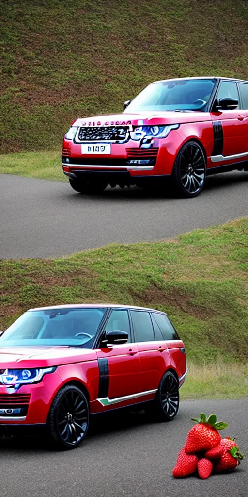 Prompt: A range rover supercharged in the middle of a strawberry field