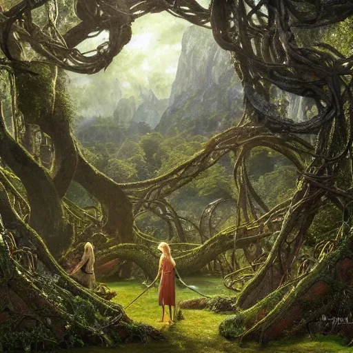 Image similar to a beautiful and highly detailed matte painting of an elven temple in a magical fantasy garden in a lush forest in the mystical mountains, celtic knots, tangled trees, knotted vines, intricate details, epic scale, insanely complex, 8 k, sharp focus, hyperrealism, very realistic, by caspar friedrich, albert bierstadt, james gurney, brian froud,