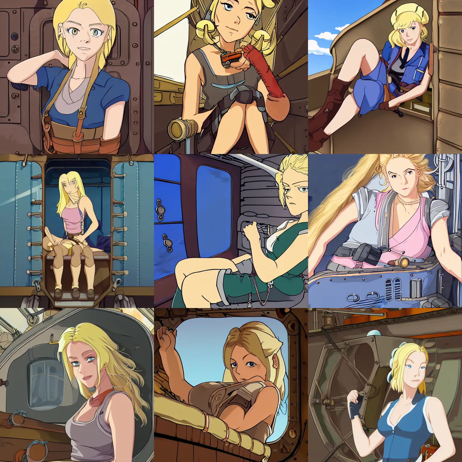 Prompt: Character portrait of a tank top-clad blonde female airship mechanic resting in her cramped bunk, steampunk, beautiful face, striking eyes, highly detailed, digital art, cel shading, anime still, by Studio Ghibli and Disney Animation