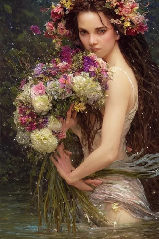 Image similar to portrait of a beautiful mysterious woman holding a bouquet of flowing flowers, wet dripping long hair, hands hidden under the bouquet, emerging from the water, fantasy, regal, intricate, by stanley artgerm lau, greg rutkowski, thomas kindkade, alphonse mucha, loish, norman rockwell