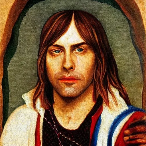 Prompt: Kurt Cobain as a renaissance figure, oil painting from 1413