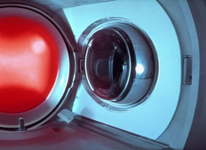 Prompt: film still of HAL from 2001 A Space Odyssey as a washing machine with glowing red light inside it