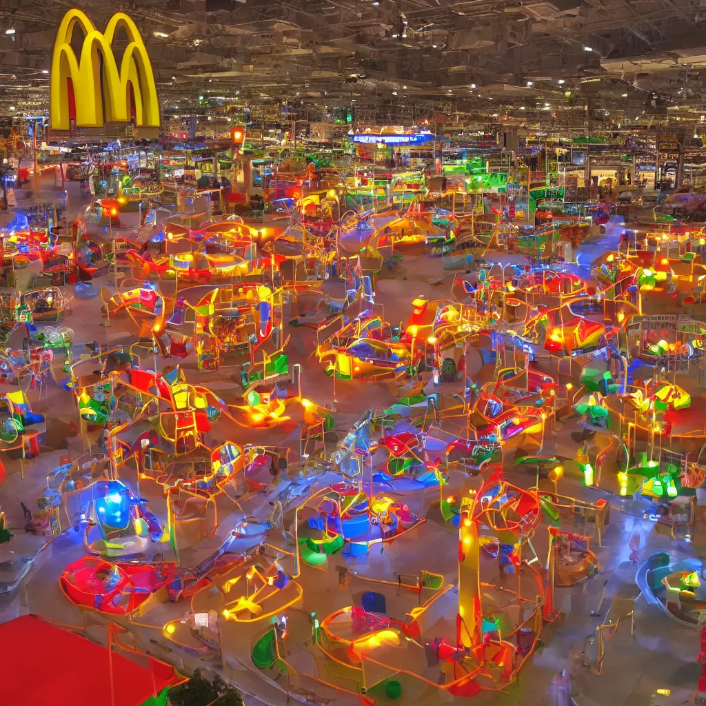 Image similar to a giant mcdonald's play place at night with the lights off after hours